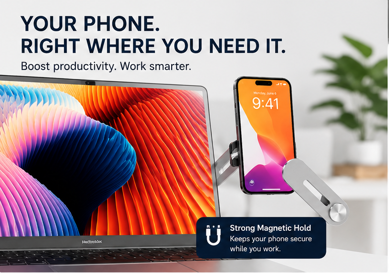 Magnetic Laptop Phone Holder – Foldable & Adjustable